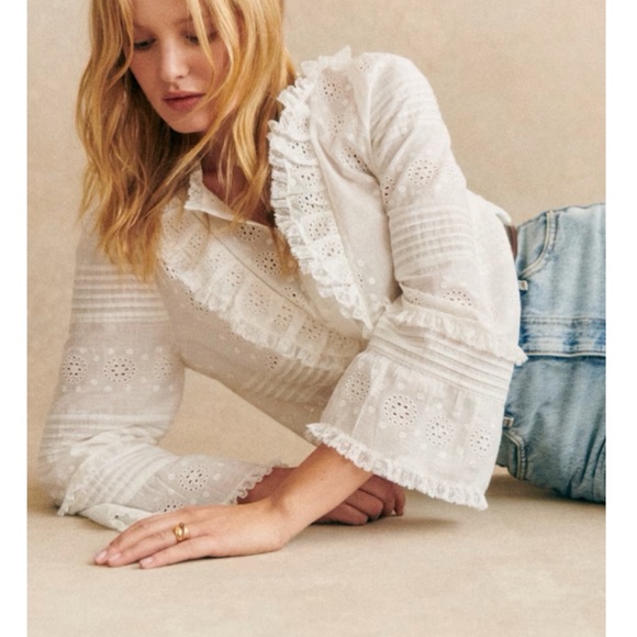 SEZANE White Floral Eyelet Embroidered Pleated Lace Ruffle Bell Sleeve Nele Top - Picture 6 of 17